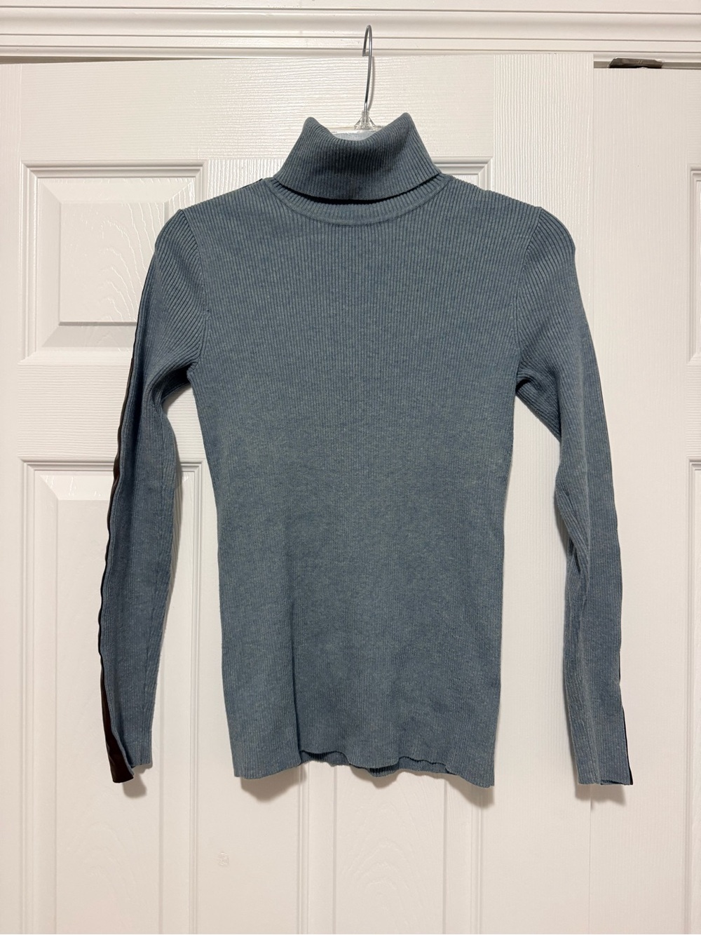 Lauren Ralph Lauren Slate Blue Ribbed Turtleneck Sweater with Faux Leather